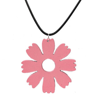 Large Pink Eight Petal Flower Wood Pendant Necklace