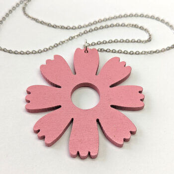 Large Pink Eight Petal Flower Wood Pendant Necklace - Image 4