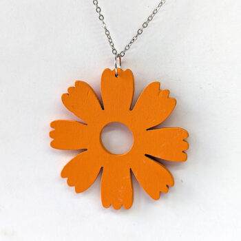 Large Orange Eight Petal Flower Wood Pendant Necklace - Image 3