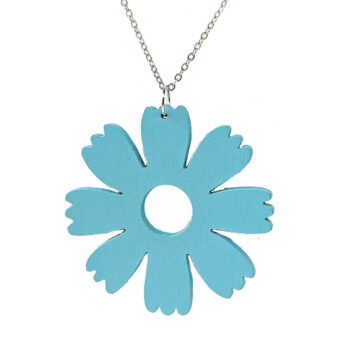 Large Blue Eight Petal Flower Wood Pendant Necklace