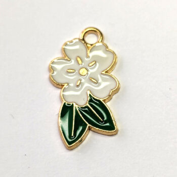 White Flower with Leaves Enamel Charm Gold - Image 3