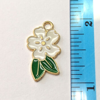 White Flower with Leaves Enamel Charm Gold - Image 2