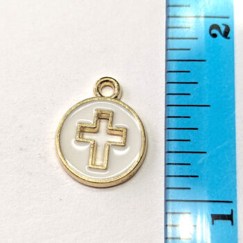 White Round Hollow Cross Enamel Charm Gold - Image 4