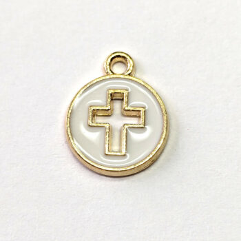 White Round Hollow Cross Enamel Charm Gold - Image 3