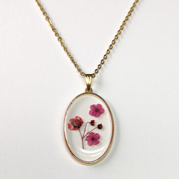 Oval Real Dried Red Flowers Resin Necklace Gold - Image 4