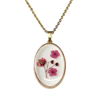 Oval Real Dried Red Flowers Resin Necklace Gold