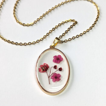 Oval Real Dried Red Flowers Resin Necklace Gold - Image 3