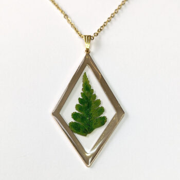 Dried Real Fern Leaf Diamond Resin Necklace Gold - Image 3