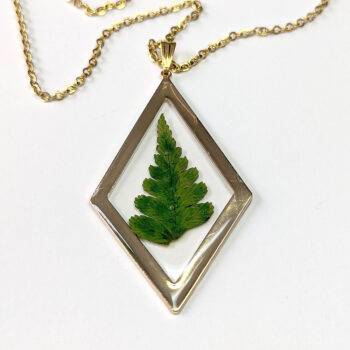 Dried Real Fern Leaf Diamond Resin Necklace Gold