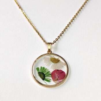 Real Dried Pink White Green Flowers Resin Round Necklace Gold