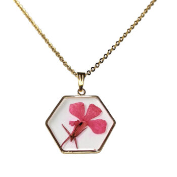 Hexagon Real Dried Red Pink Flower Resin Necklace Gold