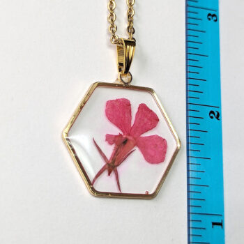 Hexagon Real Dried Red Pink Flower Resin Necklace Gold - Image 2