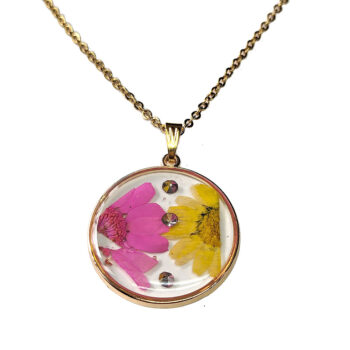 Real Dried Pink Yellow Flowers Resin Round Necklace Gold