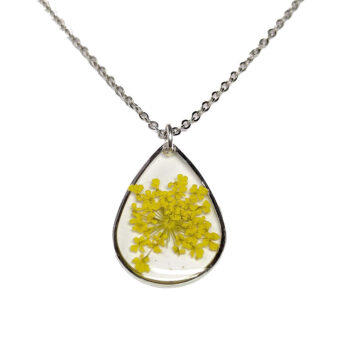 Teardrop Real Dried Yellow Flowers Resin Necklace Silver