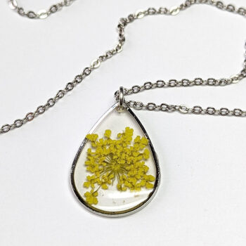 Teardrop Real Dried Yellow Flowers Resin Necklace Silver - Image 4