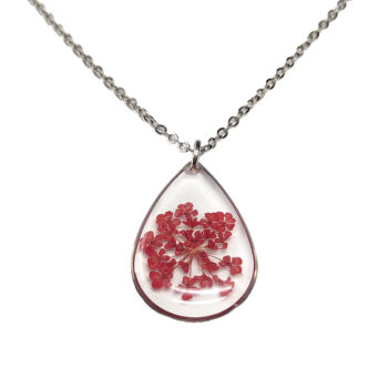 Teardrop Real Dried Red Flowers Resin Necklace Silver