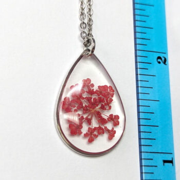 Teardrop Real Dried Red Flowers Resin Necklace Silver - Image 3