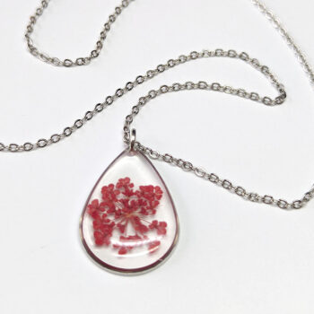 Teardrop Real Dried Red Flowers Resin Necklace Silver - Image 2