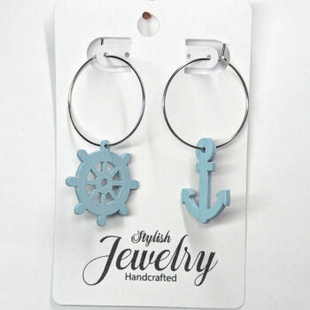 Blue Ship Wheel and Anchor Nautical Wood Earrings - Image 5