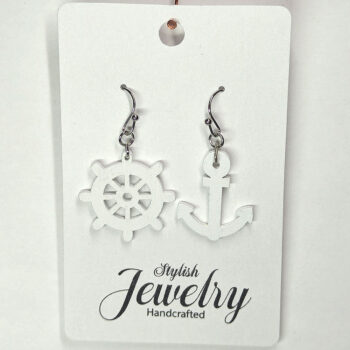 White Ship Wheel and Anchor Nautical Wood Earrings - Image 6