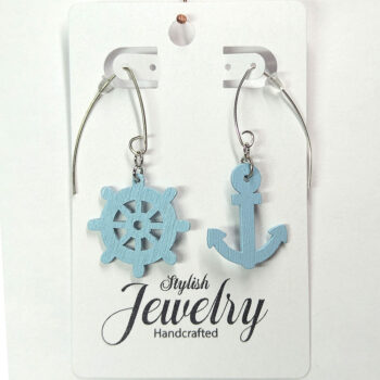 Blue Ship Wheel and Anchor Nautical Wood Earrings - Image 6