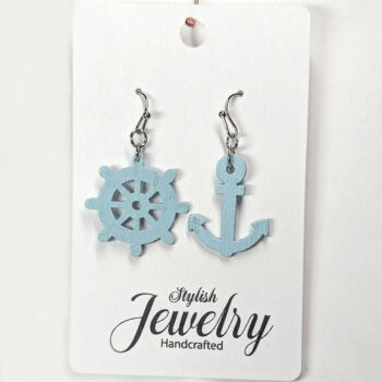 Blue Ship Wheel and Anchor Nautical Wood Earrings - Image 7