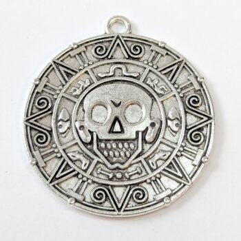 Aztec Pirate Skull Medallion Round Pendant Antique Silver