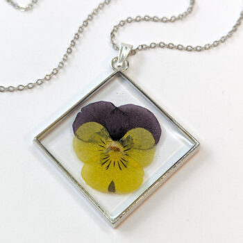 Diamond Real Dried Yellow Purple Pansy Flower Resin Necklace