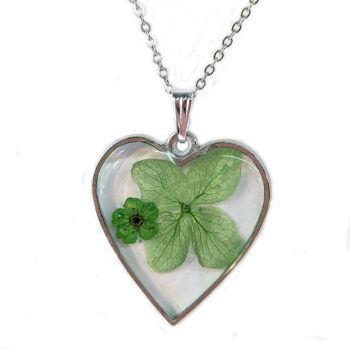 Heart Real Dried Green Flowers Resin Necklace