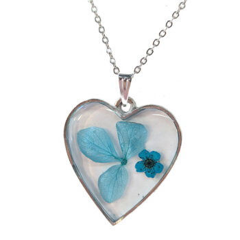 Heart Real Dried Blue Flowers Resin Necklace