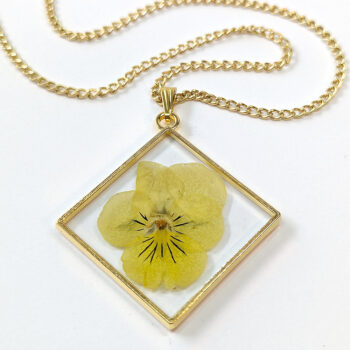 Diamond Real Dried Yellow Pansy Flower Resin Necklace