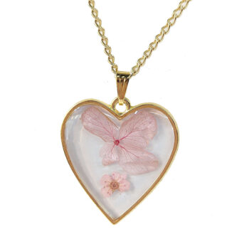 Heart Real Dried Pink Daisy Flowers Resin Necklace