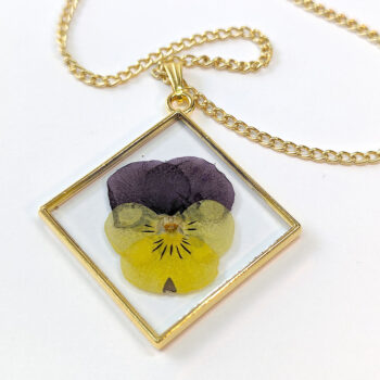 Diamond Real Dried Yellow Purple Pansy Flower Resin Necklace - Image 6