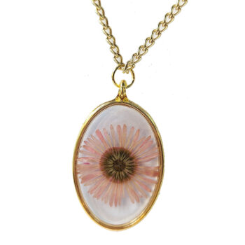 Oval Real Dried Pink Daisy Flower Resin Necklace