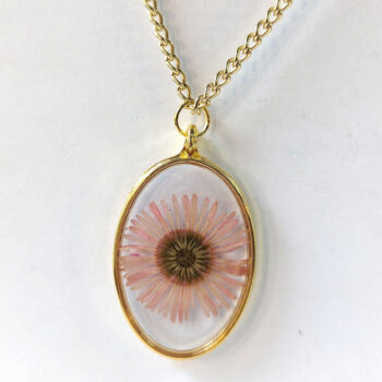 Oval Real Dried Pink Daisy Flower Resin Necklace - Image 5