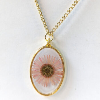 Oval Real Dried Pink Daisy Flower Resin Necklace - Image 4