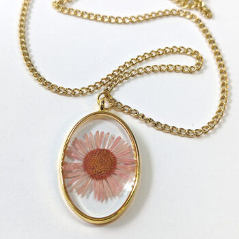 Oval Real Dried Pink Daisy Flower Resin Necklace