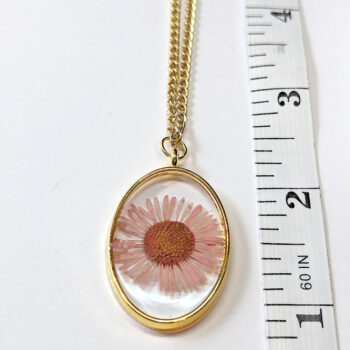 Oval Real Dried Pink Daisy Flower Resin Necklace - Image 3