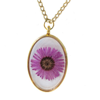 Oval Real Dried Purple Daisy Flower Resin Necklace