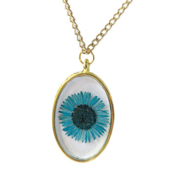 Oval Real Dried Blue Daisy Flower Resin Necklace