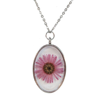 Oval Real Dried Hot Pink Daisy Flower Resin Necklace