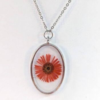 Oval Real Dried Red Daisy Flower Resin Necklace - Image 4