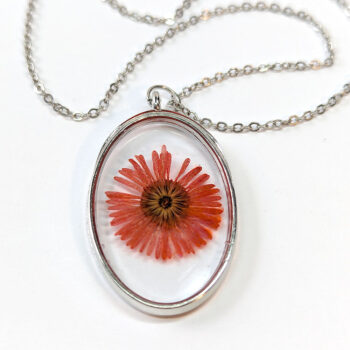 Oval Real Dried Red Daisy Flower Resin Necklace - Image 6