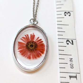 Oval Real Dried Red Daisy Flower Resin Necklace - Image 3