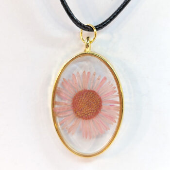 Oval Real Dried Pink Daisy Flower Resin Necklace - Image 2