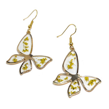 Yellow Real Dried Flowers Resin Butterfly Earrings Gold