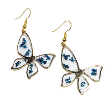 Blue Real Dried Flowers Resin Butterfly Earrings Gold