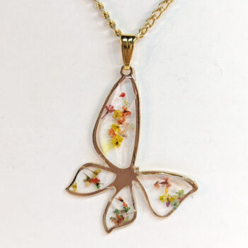 Butterfly Real Dried Colorful Flowers Resin Necklace Gold - Image 5