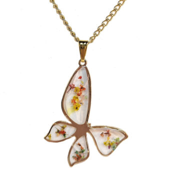 Butterfly Real Dried Colorful Flowers Resin Necklace Gold