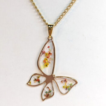 Butterfly Real Dried Colorful Flowers Resin Necklace Gold - Image 4